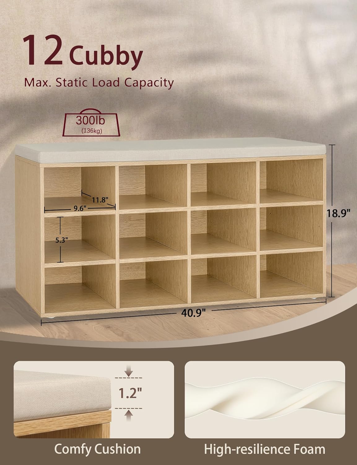 DINZI LVJ Shoe Storage Bench with Cushion, 12-Cubby Shoe Rack, Adjustable Shelves, 40.9" Long Shoe Organizer Bench for Entryway, Mudroom, Hallway, Garage, Natural and Cappuccino Beige