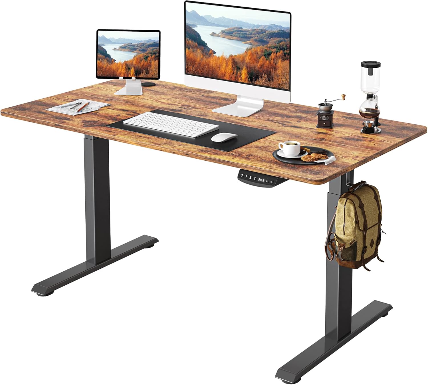 FEZIBO One-Piece Standing Desk Adjustable Height Stand up Home Office Desk, 48x24 Inch Electric Standing Computer Desk, with 4 Memory Presets, Headphone Hook, Rustic Brown 48inch Rustic Brown - Image 1 of 9