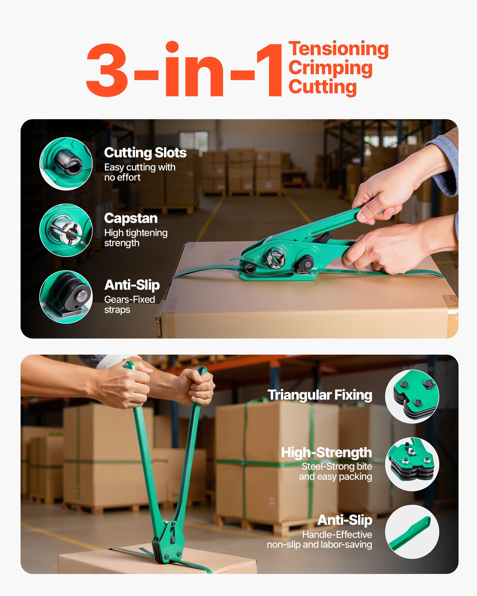 VEVOR Set di Reggiatura per Cinghie Plastiche, Rotolo di Reggetta in PET da 457 m, Kit di Reggiatrice Manuale per Spedizione Pallet Trasloco con 450 Sigilli Metallici, 150 Protezioni Angolari e Guanti