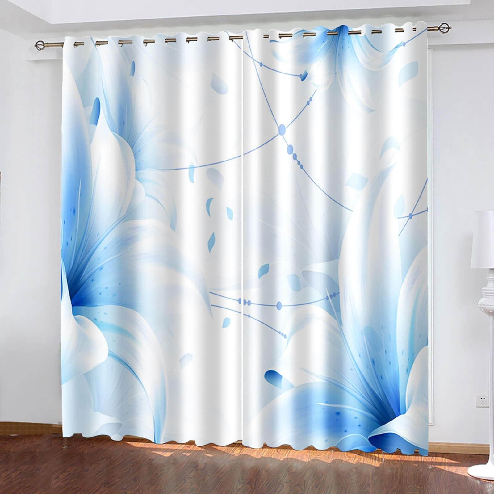 Rideaux fleurs bleu blanc 96x160cm en 2 panneaux pour salon et chambre