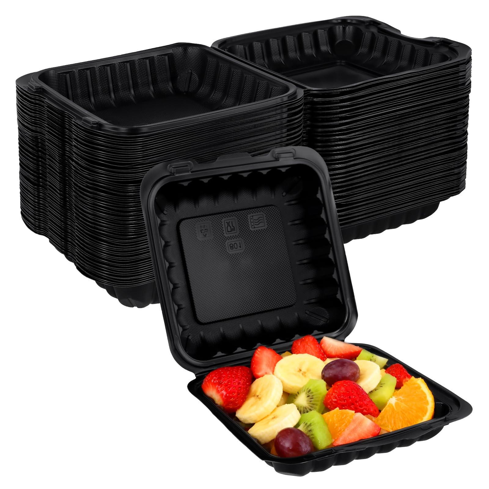 SINJEUN 70 Pack Clamshell Food Containers, 8 x 8 x 2.8 Inches Reusable Black Take Out Boxes with Lids, Black To Go Containers for Breakfast Lunch