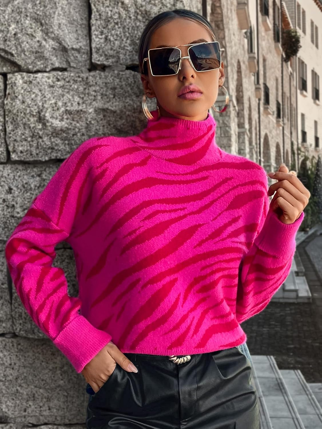 Women's Sweater Zebra Striped Pattern High Neck Drop Shoulder Sweater Sweater for Women (Color : Hot Pink, Size : Medium)