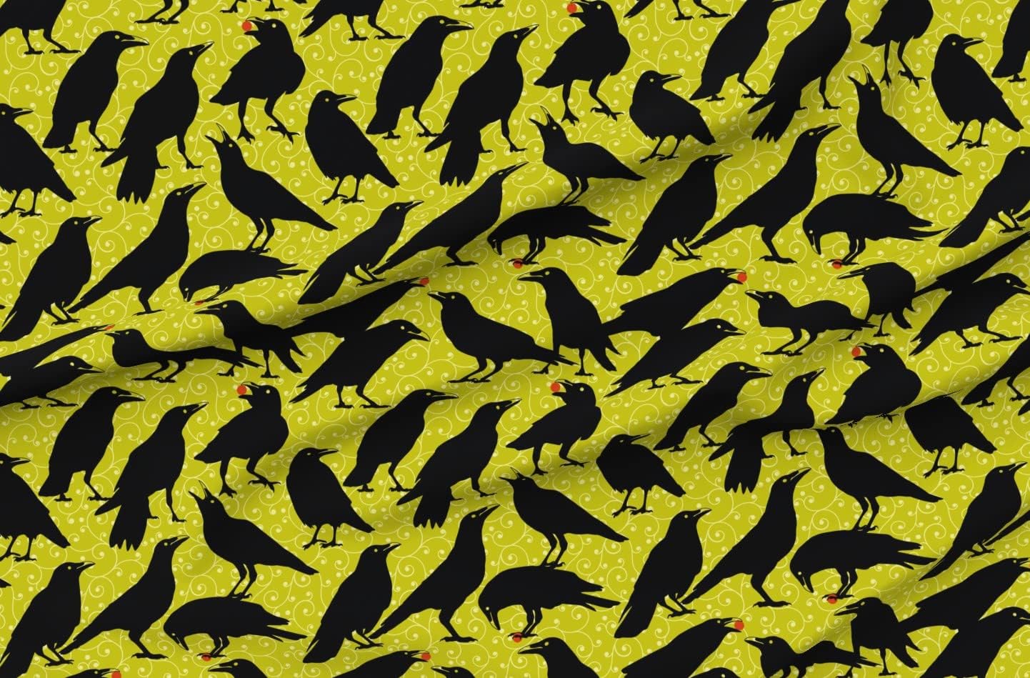 Spoonflower Fabric - Black Bird Halloween Crows Green Scary Birds Printed on Organic Cotton Sateen Fabric by The Yard - Sewing Quilting Apparel Home Decor