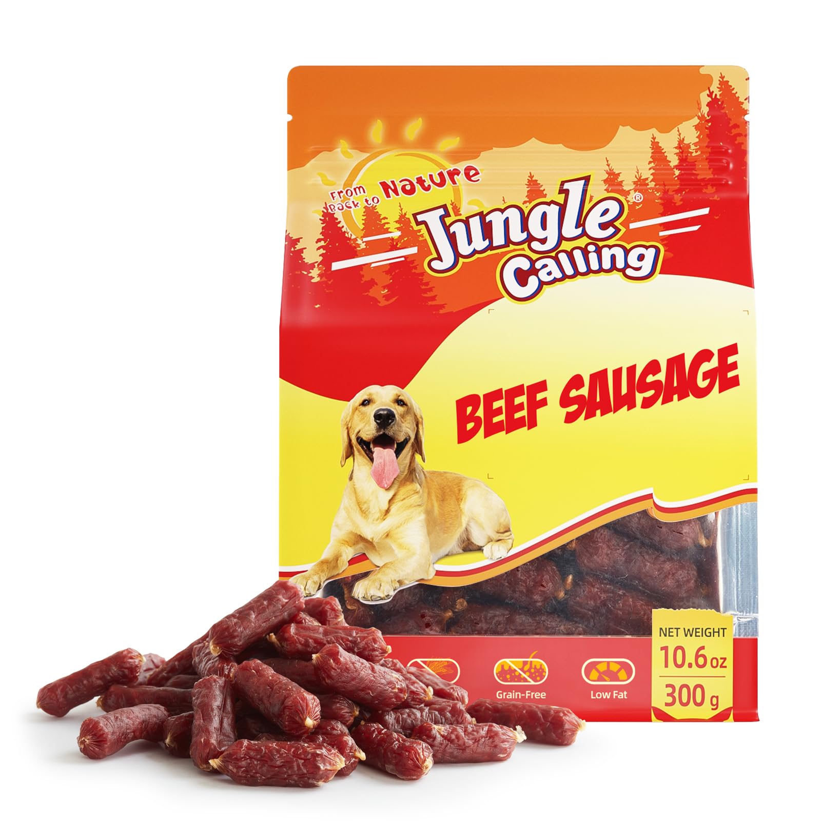 Jungle Calling Beef Sausage Dog Treats, Slow Roasted Beef Jerky Dog Training Treats, Grain-Free Soft Treats for Small and Medium Dogs, 10.6 oz
