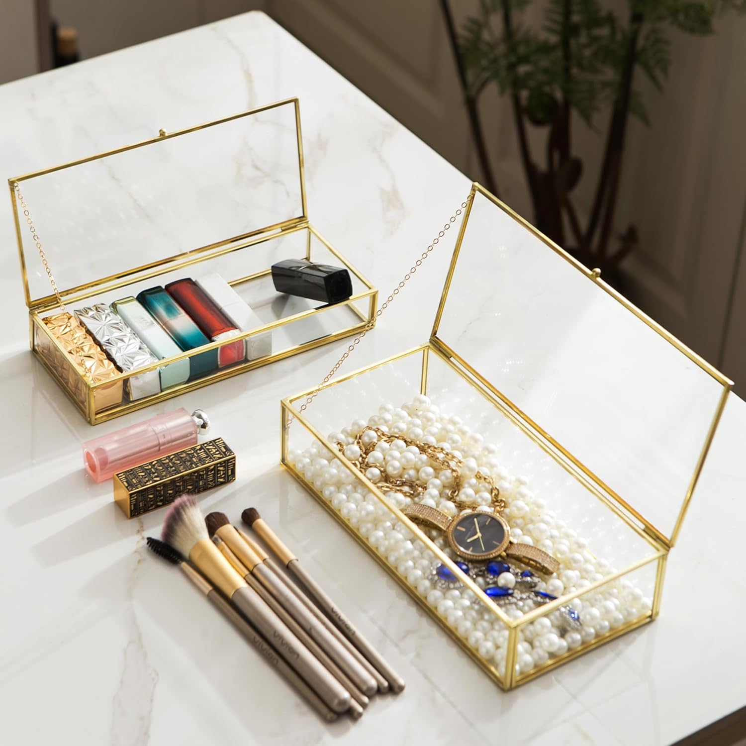 Glass Jewelry Box Set, 2pcs Vintage Rectangle Gold Keepsake Boxes Lipstick Organizer Box Vanity Lidded Box Home Decor Accent Decorative Box for Storage Trinket Rings Bracelet1