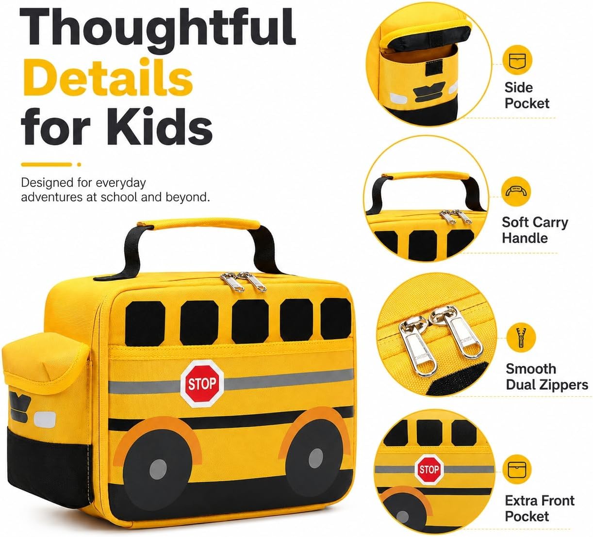 Bluboon 3D School Bus Lunch Box for Kids, Insulated Toddler Lunch Bag for Boys, Preschool, Daycare and Kindergarten, Reusable Tote with Front and Side Pockets, Yellow School bus