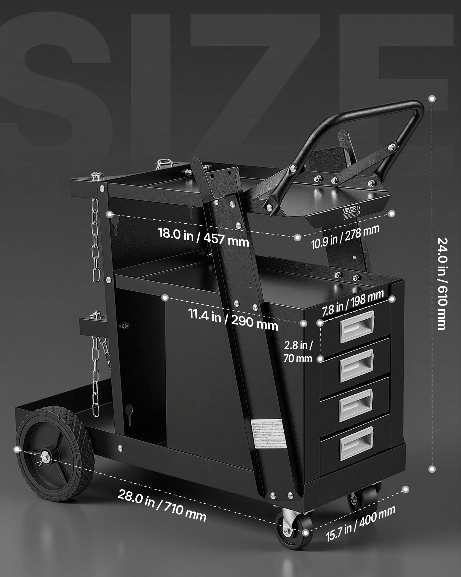VEVOR Schweißwagen 2 Ablageflächen mit 4 Schubladen Schweißmobil Max. 100-120kg Wagen für Schweßgeräte mit 2 Gasflaschenhalterung Ideal für Handschweißen Schutzgasschweißen Argon-Lichtbogenschweißen