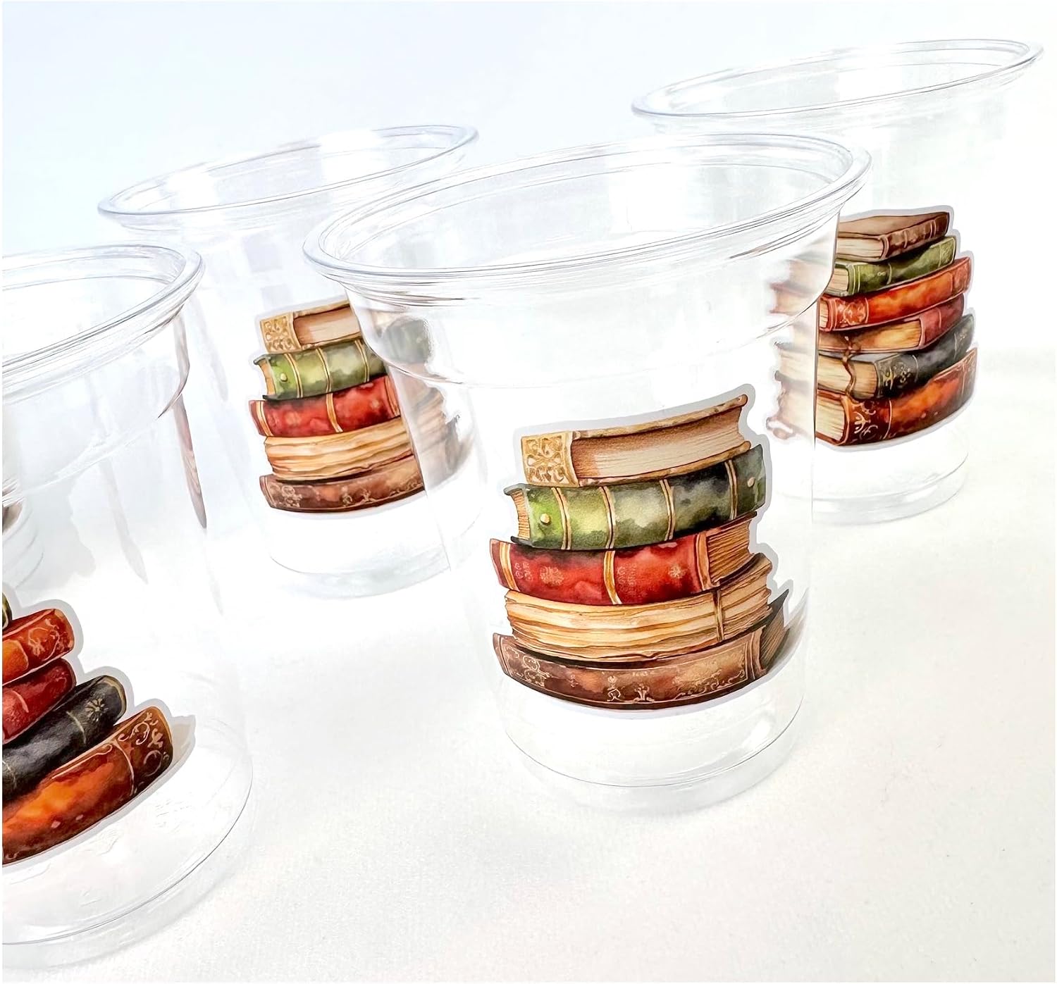 Book Themed Party Cups, 12 oz Clear Plastic, 24 Count, Vintage Stacked Books Design
