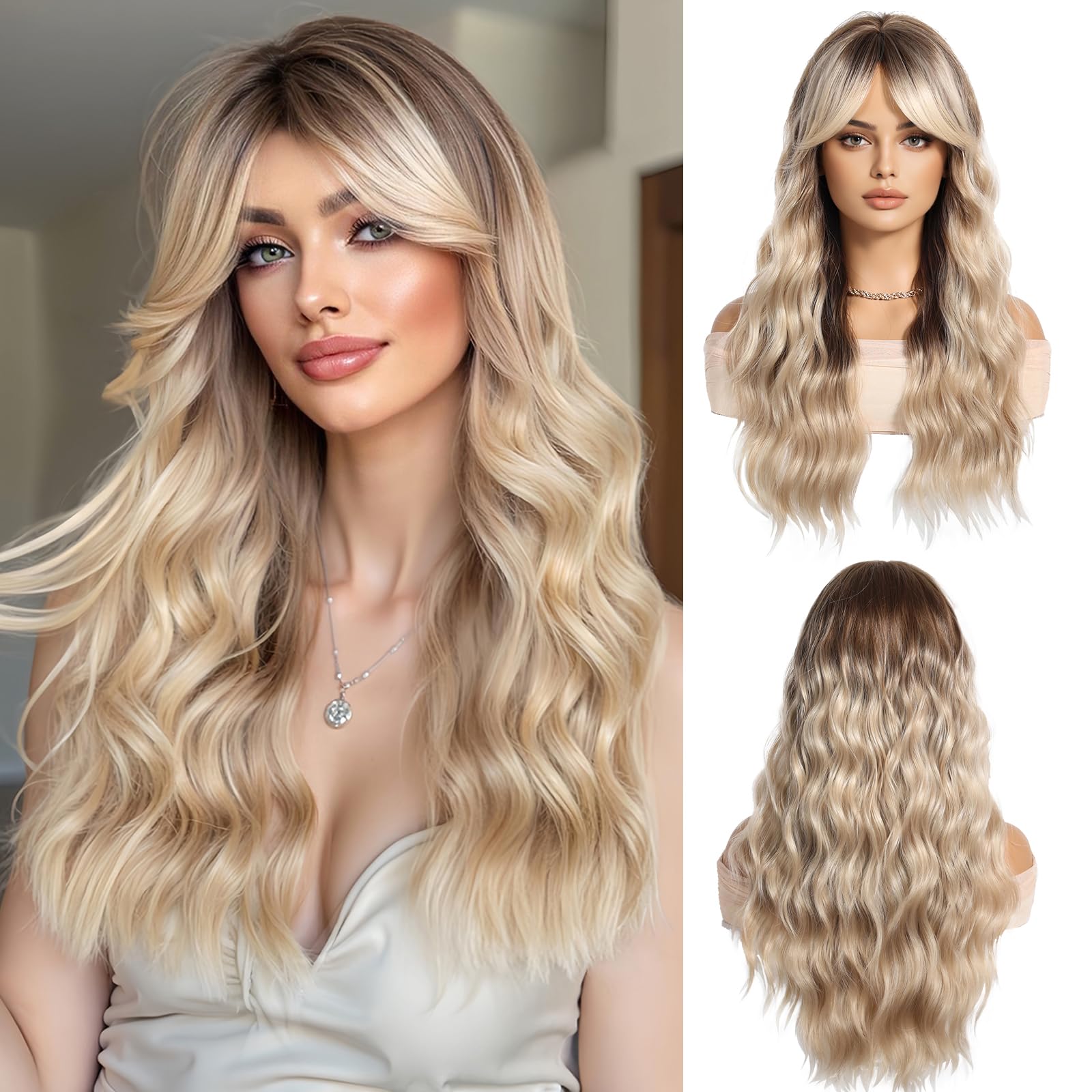 OUFEI Ombre Blonde Lange Gewellte Perücke für Frauen mit Vorhang Pony Natürlich Lockiges Synthetisches Haar Hitzebeständig Perücken für Tägliche Party Cosplay Tragen