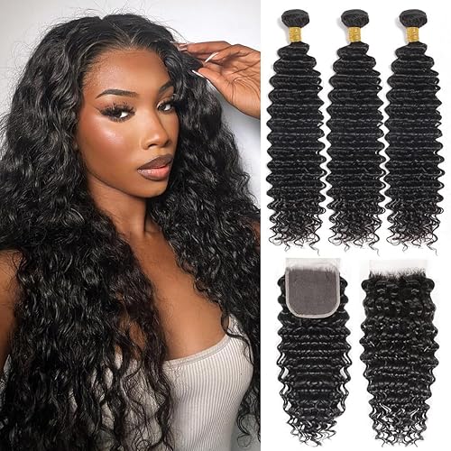 Vista 30 de Manojos de cabello humano ondulado profundo, cabello humano ondulado de 18, 20, 22 pulgadas, 100% sin procesar, húmedo y ondulado, 3 paquetes