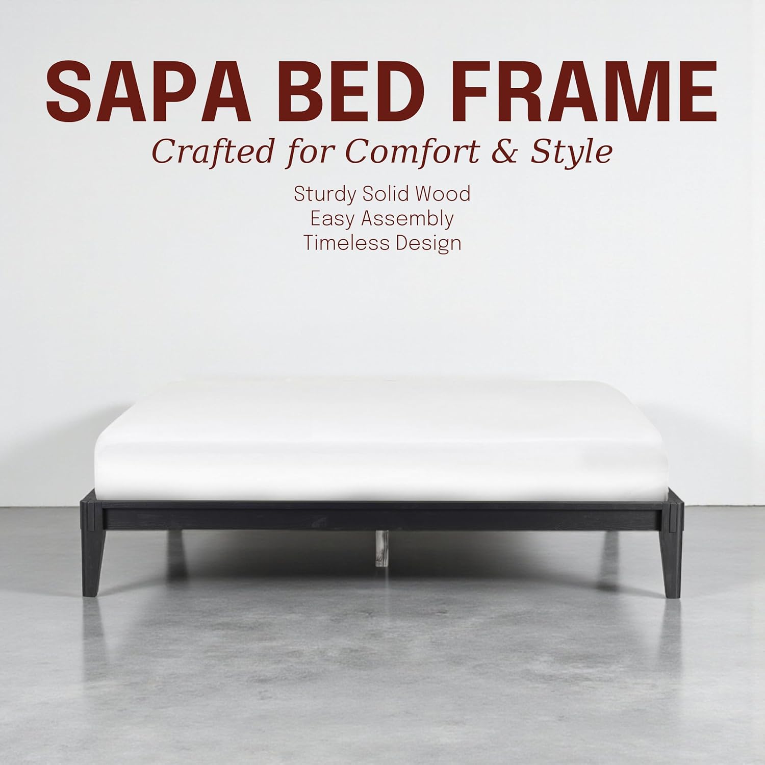 NTC Sapa Solid Wood Platform Bed Frame – Minimalist, Japanese Joinery, No Box Spring Needed, Silent Slats, Easy Assembly - King - Burnt Black