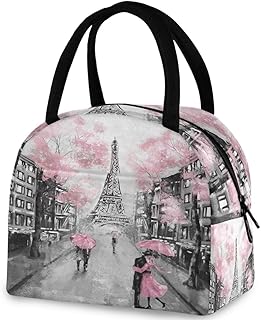 Stylish Romantic Paris Eiffel Tower Reusable Lunch Tote Bag with Front Pocket Zipper Closure Insulated Cooler Container Bag for Man Women Work Picnic Travel Beach Fishing