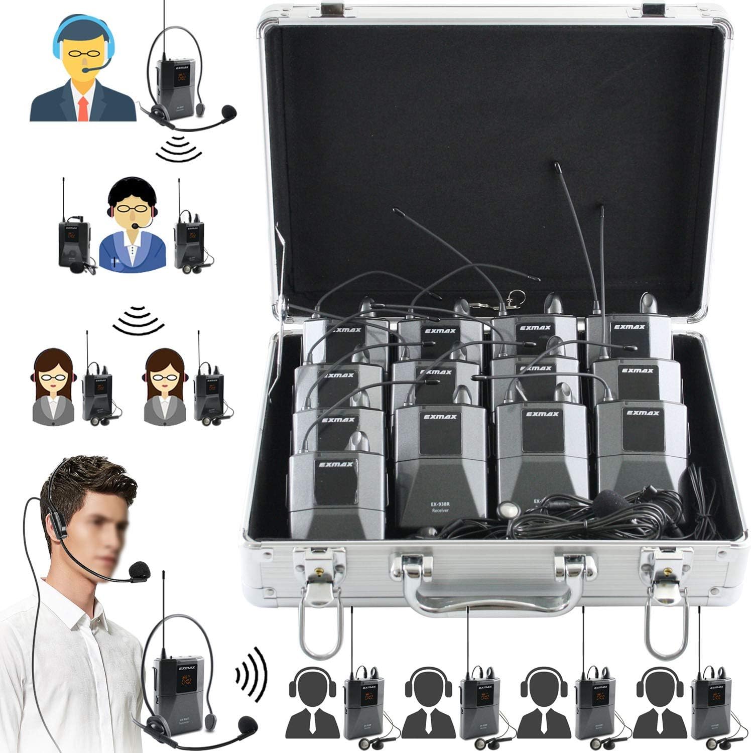 EXMAX EX-938 Wireless Headset Microphone Audio Tour Guide System for Church Translation Teaching Travel Simultaneous Interpretation.(1 Transmitter 12 Receivers with Silver Aluninum Storage Case)
