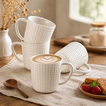 14oz Ceramic Coffee Mugs Set of 4, Modern Minimalist White Coffee Mug | Coffee Cup with Handle, Coffee Mug for Latte, Cappuccino & Cocoa, Dishwasher & Microwave Safe, Wedding & Housewarming Gift