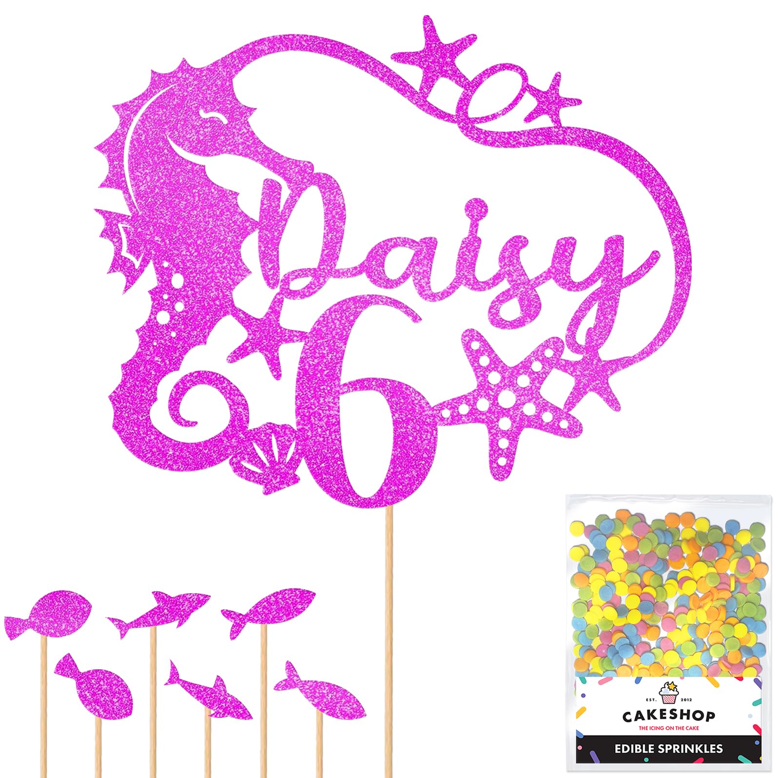 Personalised Birthday Seahorse Glitter Cake Topper- Pink Any Custom Age & Name Glitter Cake Decoration and Sprinkles - Happy Birthday Decorations - Personalised Toppers for Cakes by Cakeshop โ image 1