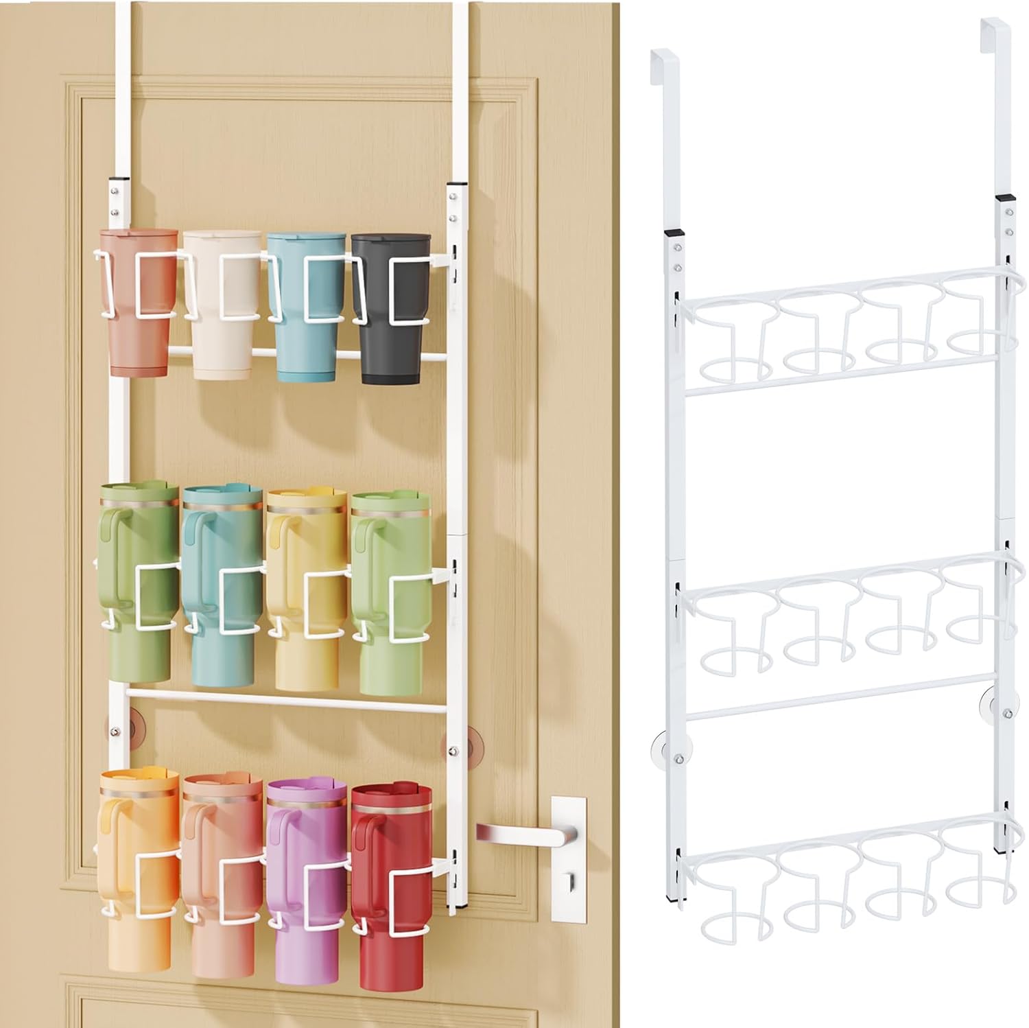 SWTYMIKI 3-Tier Water Bottle Organizer – Over the Door Stanley Cup Holder, Cup Organizer for Door or Wall Mount Option, Stanley Accessories for Pantry, Dorm, Office, RV Use, White White 3-Tier