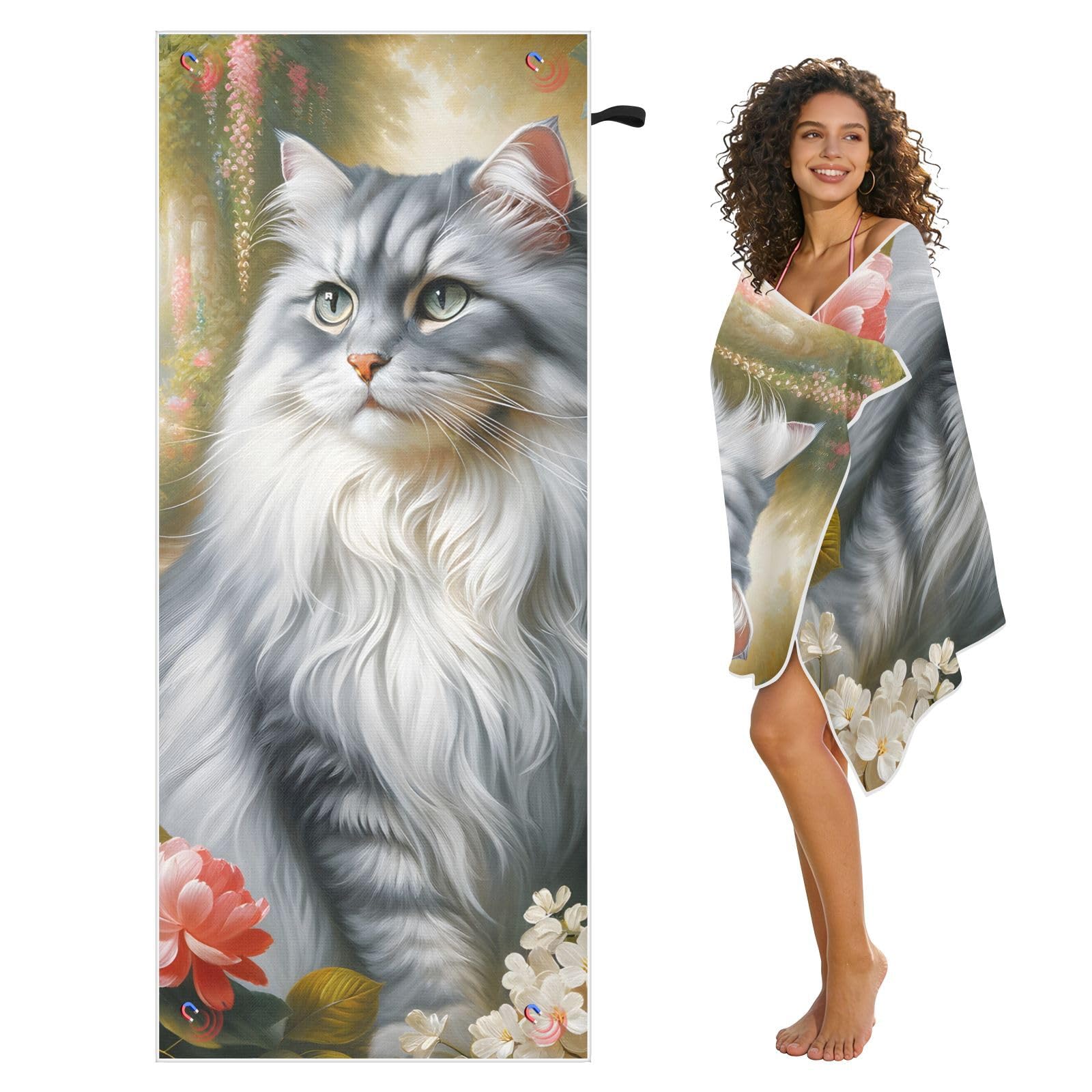 Grande serviette de plage avec sacs en maille pour adultes, motif chat dans des roses, serviette de bain avec fermeture magnétique, anti-sable, absorbante à séchage rapide, pour piscine, camping