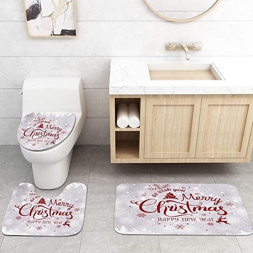 Miniatura 5 de Emvency Juego de 4 cortinas de ducha de Navidad, diseño de reno de pino y copos de nieve con alfombras antideslizantes, cubierta gris para tapa de