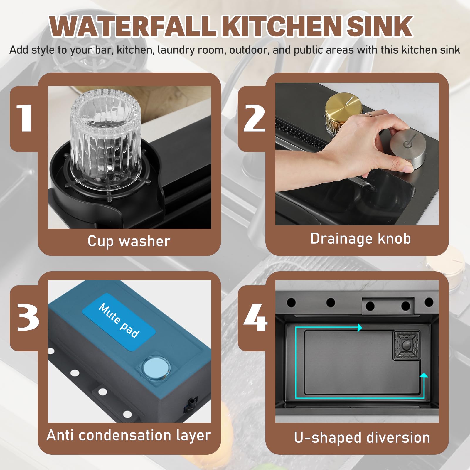Fregadero de cocina multifuncional de acero inoxidable con efecto cascada, 85 × 50 cm, gran fregadero de estación de trabajo, fregadero individual con montaje en la parte superior, con botón