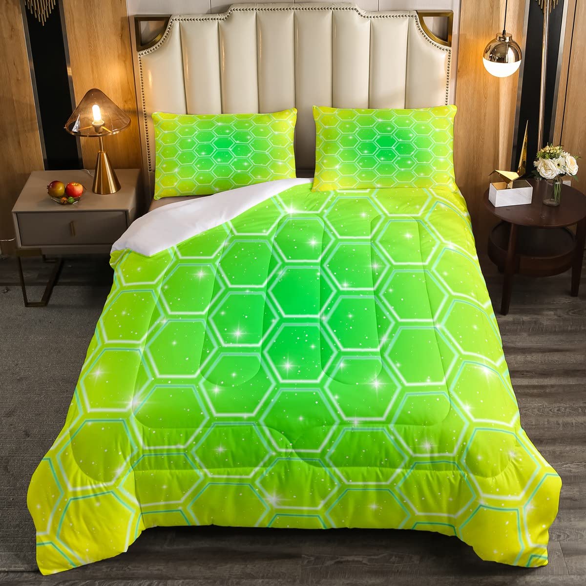 Loussiesd Honeycomb Bedding Set for Girls Boys Children Geometric Hexagonal Duvet Insert Green Yellow Beehive Geometrical Galaxy Starry Single Size Soft