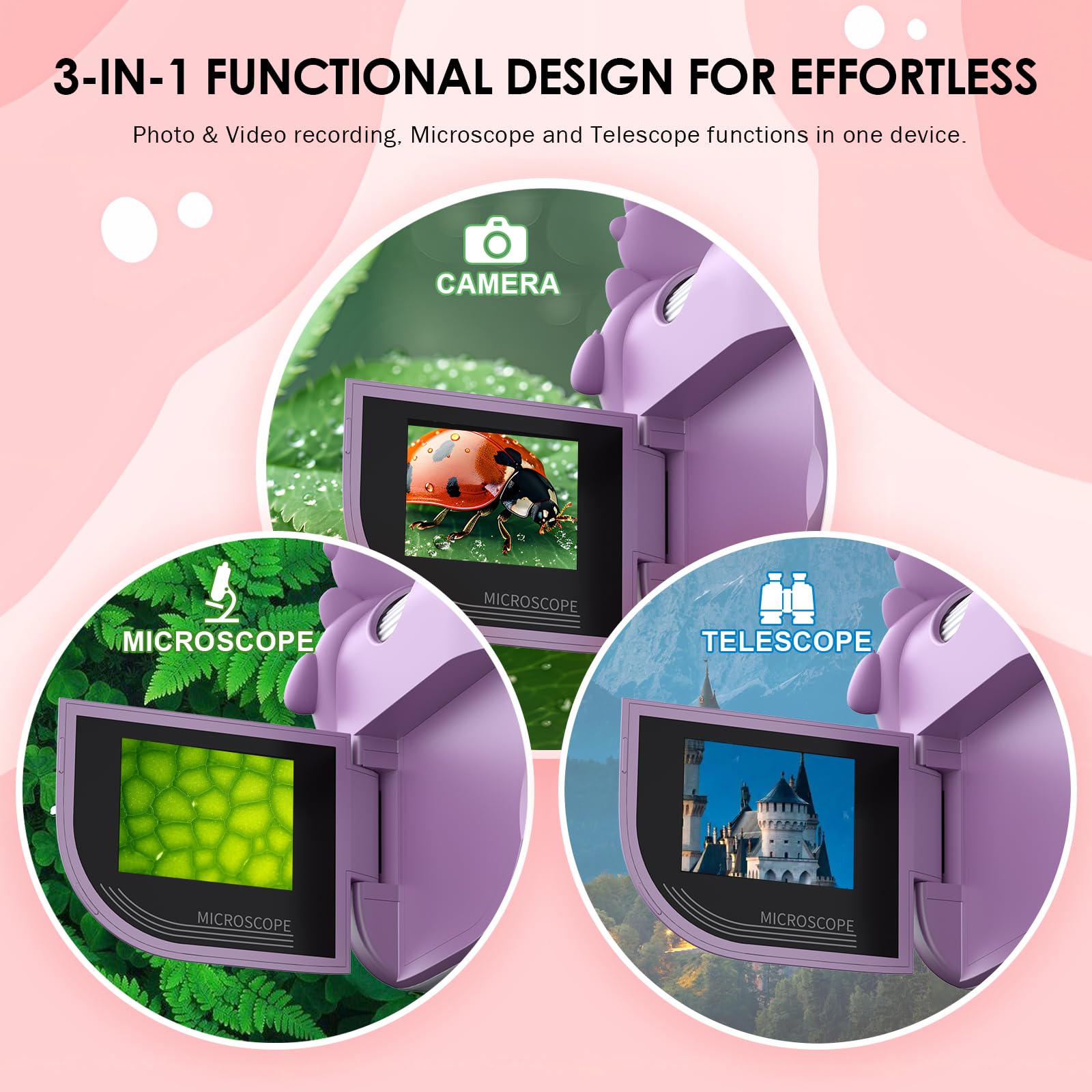 Microscope for Kids 1000X Magnification, 3-in-1 Handheld Portable Microscope with 2