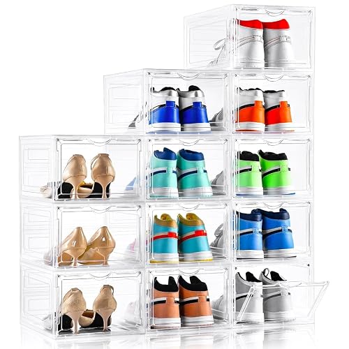 Clemate Upgraded X-Large Shoe Organizer,Shoe Storage Organizer,12 Pack,Shoe Box Clear Plastic Stackable,Drop Front Shoe Box with Clear Door, Shoe Containers For Sneaker Display,Fit up to US Size13 - Clear-12P - US13