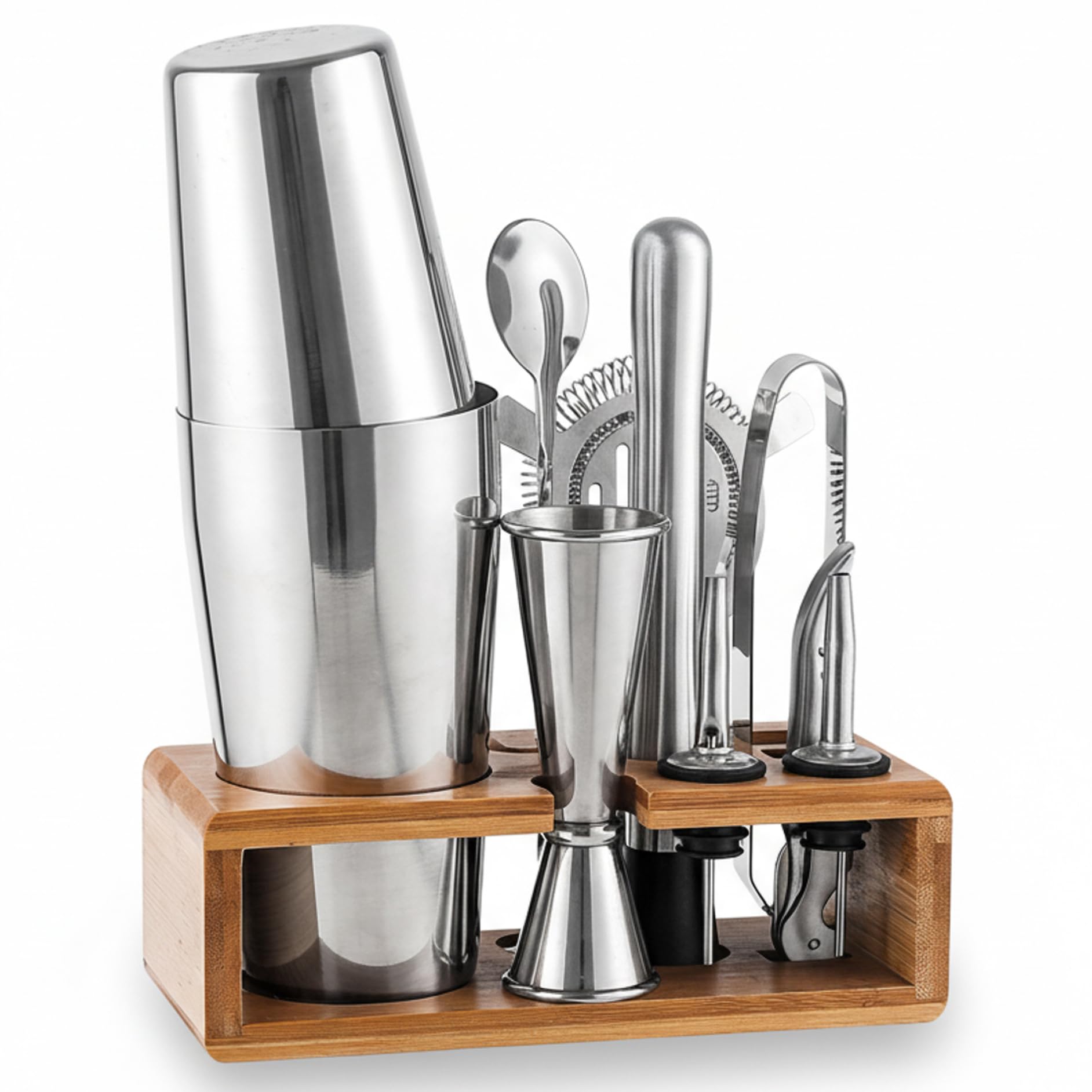 Juego de coctelera para Martinis de 10 Piezas Juego de coctelera de Acero Inoxidable de 750 ml con Soporte de Madera Profesional para Bares domésticos.