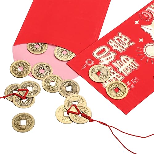 Miniatura 4 de Boao 50 monedas chinas de Feng Shui de 1 pulgada y 5 juegos de monedas de la fortuna I Ching con cuerdas rojas para riqueza y buena suerte