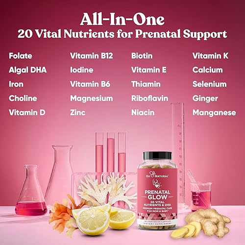 Miniatura 3 de Glow Vitaminas prenatales  folato  DHA  Multivitamínico para nutrir el embarazo para bebés y mamá saludables  Ácido fólico jengibre zinc hierro  60