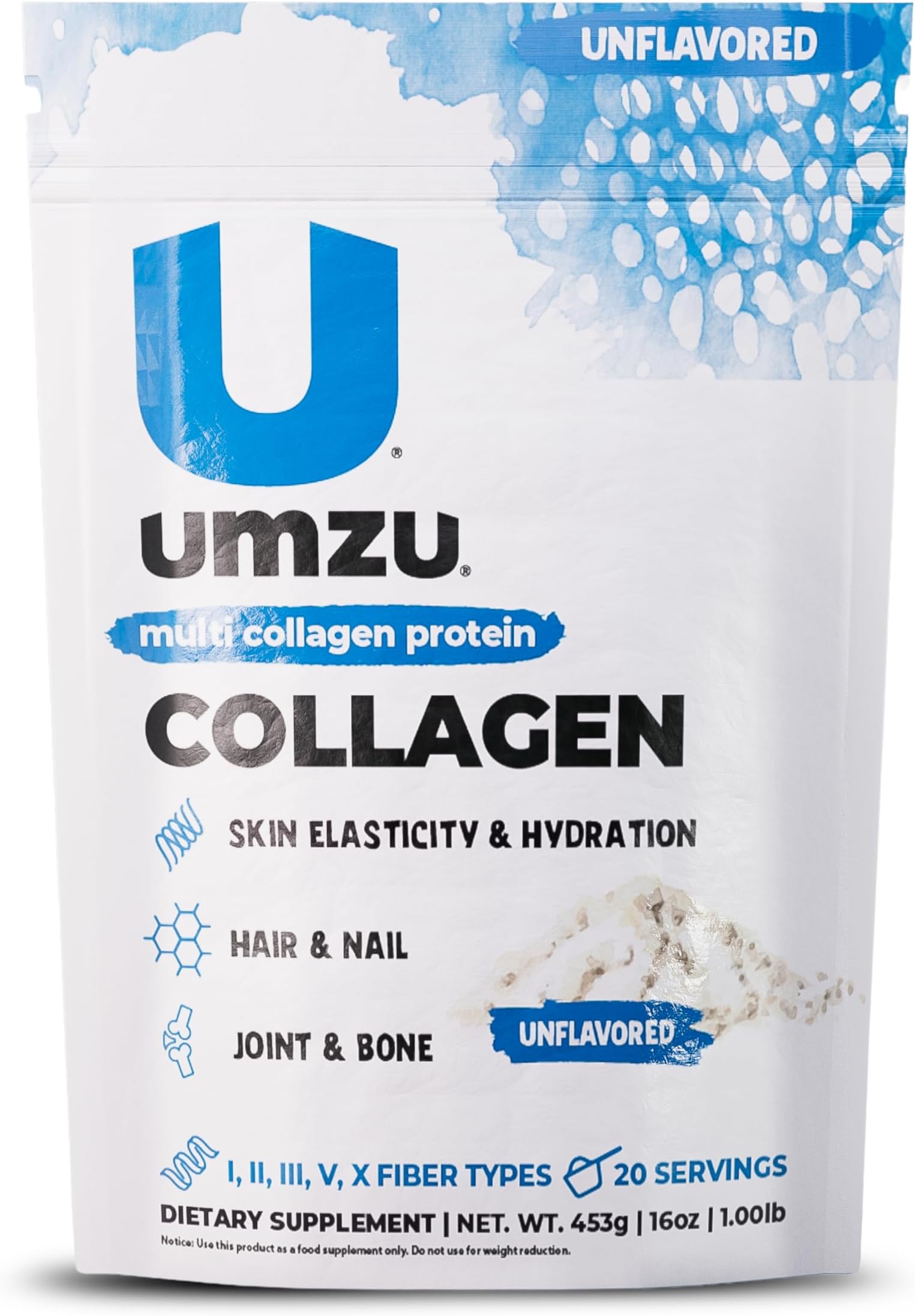 - zuCollagen Multi Collagen Protein Powder, Unflavored – 5 Collagen Types I II III V X – High Protein Low Calorie Supplement for Hair Growth Skin Elasticity Joint Health and Daily Recovery Support