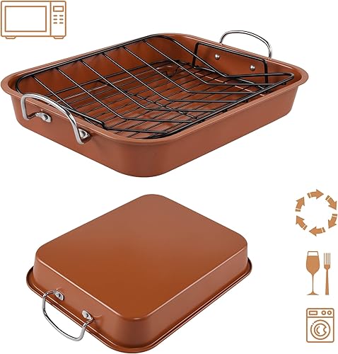 Miniatura 10 de Asador antiadherente de acero al carbono con estante plano y estante en V, base texturizada de 0.031 in de grosor, oro champán