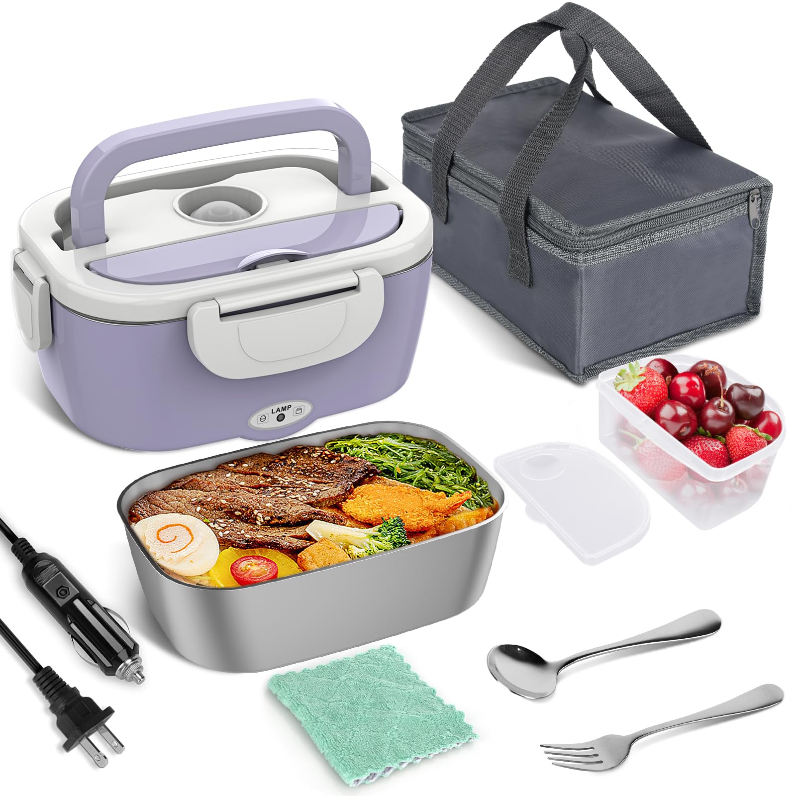Vabaso Electric Lunch Box Food Heater, Electric Heating Lunch Boxes Lunch for Adults/Men/Car/Truck/Work, 80W 1.5L Removable 304 Stainless Steel Container, 110V/12V/24V, with Fork & Spoon