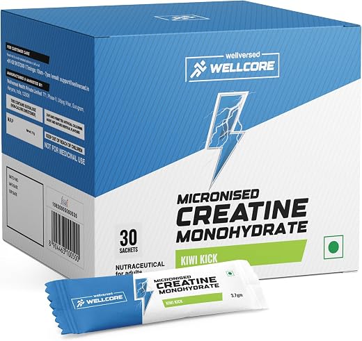 Wellcore Pure Micronised Creatine Powder (30 Sachet, Kiwi Kick) For Enhanced Muscle Strength With Rapid Absorption | Creat...