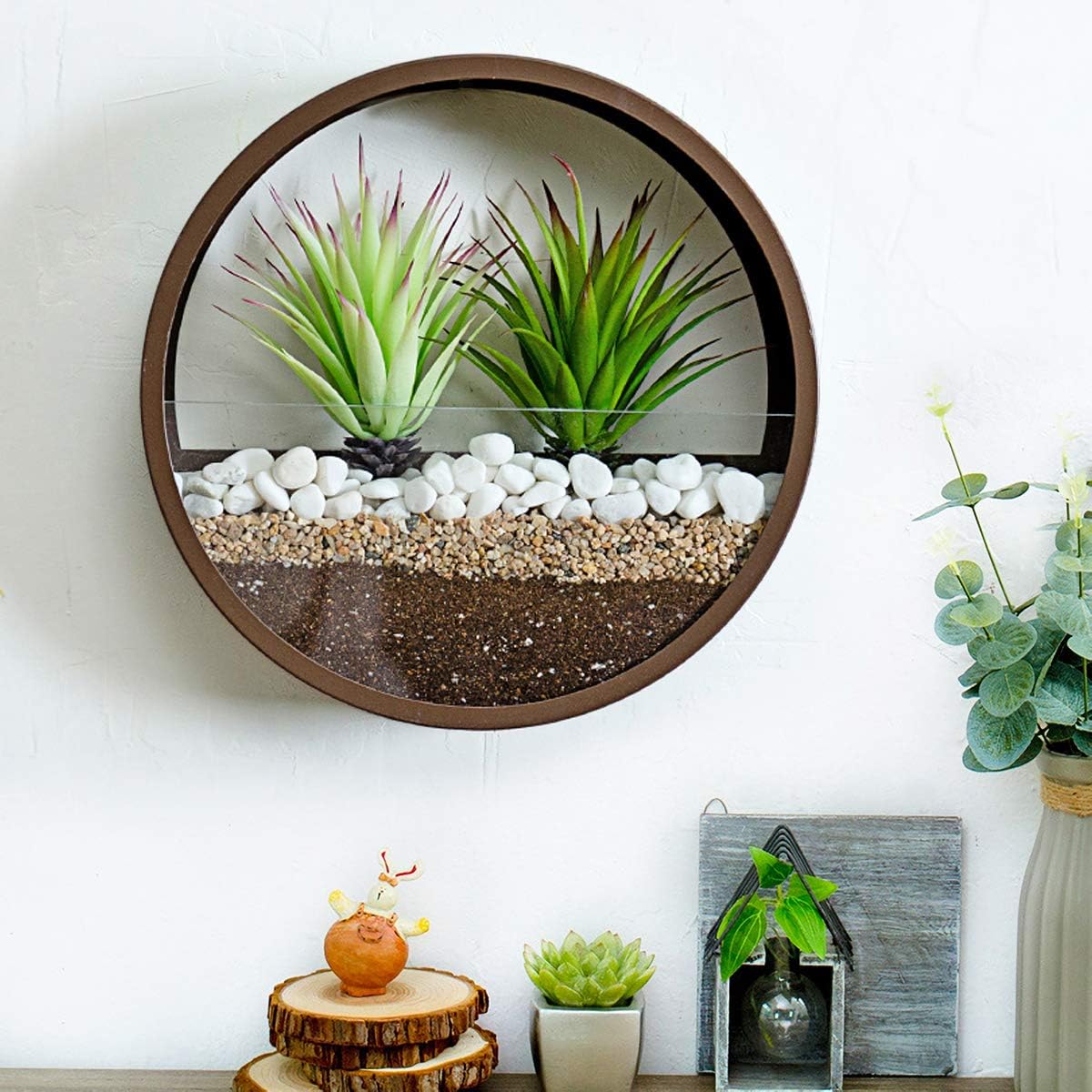 Ecosides 8 inch Succulent Cactus Wall Planter,2 in 1 Wall Mounted Flower Pot Glass Terrarium and Round Metal Wall Vase Air Plant Holder Vertical Container Indoor Decor for Living Room Kitchen,Bronze
