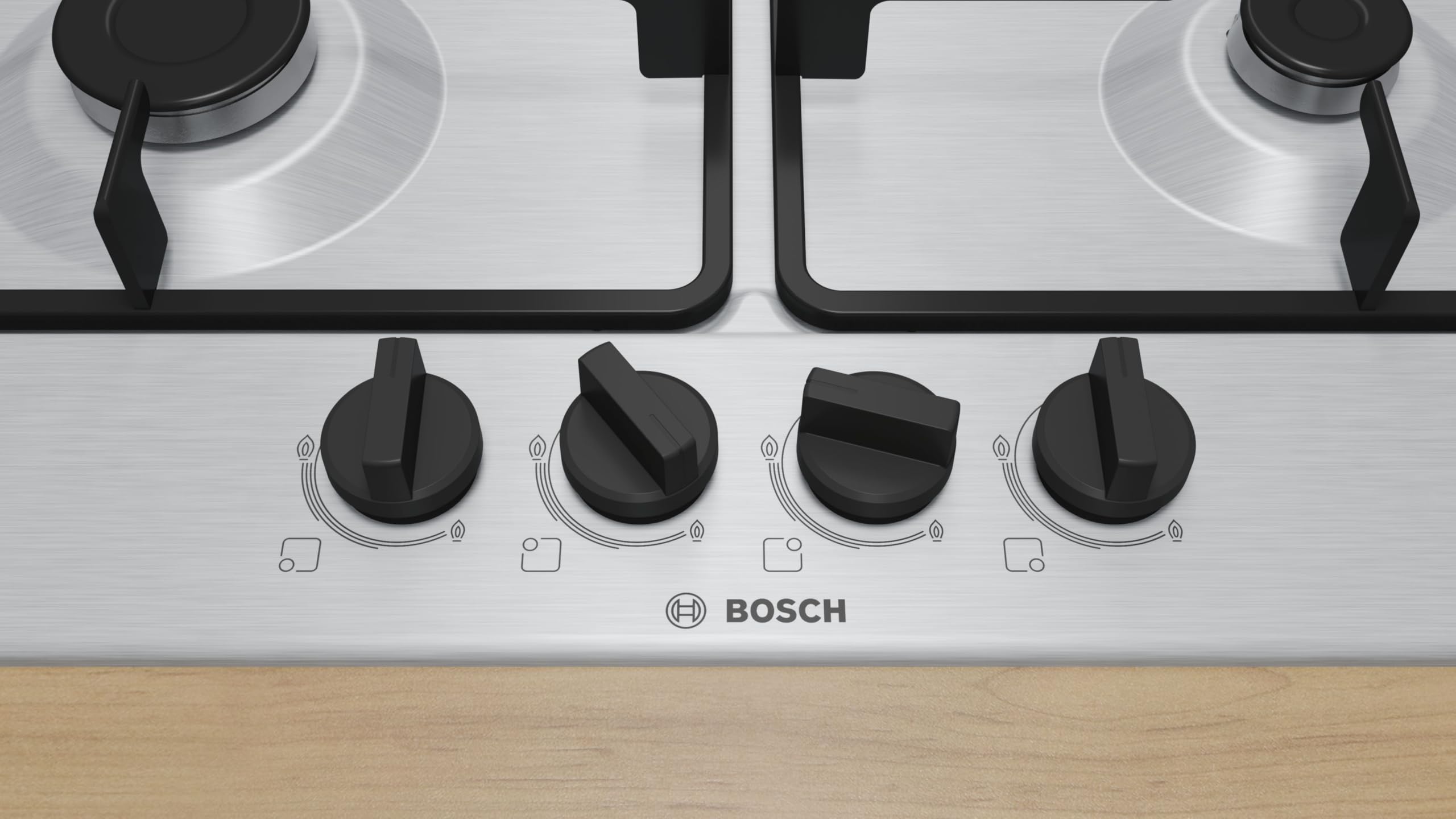 Bosch PGP6B5K60, Piano cottura a gas, Manopole a ponticello: controllo ergonomico, 4 fuochi, Acciaio, Versione Esclusiva Amazon, 60 cm, Serie 4 - NEW, Inox