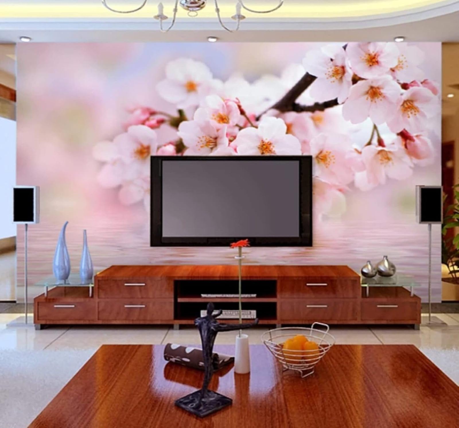XLMING Simple Beautiful Pink Peach Blossoms Reflection 3D Wallpaper Luxury Silk Study Dining Feature Sofa Grey Bedroom Living Room Tv Decorative Wall-350cm×256cm