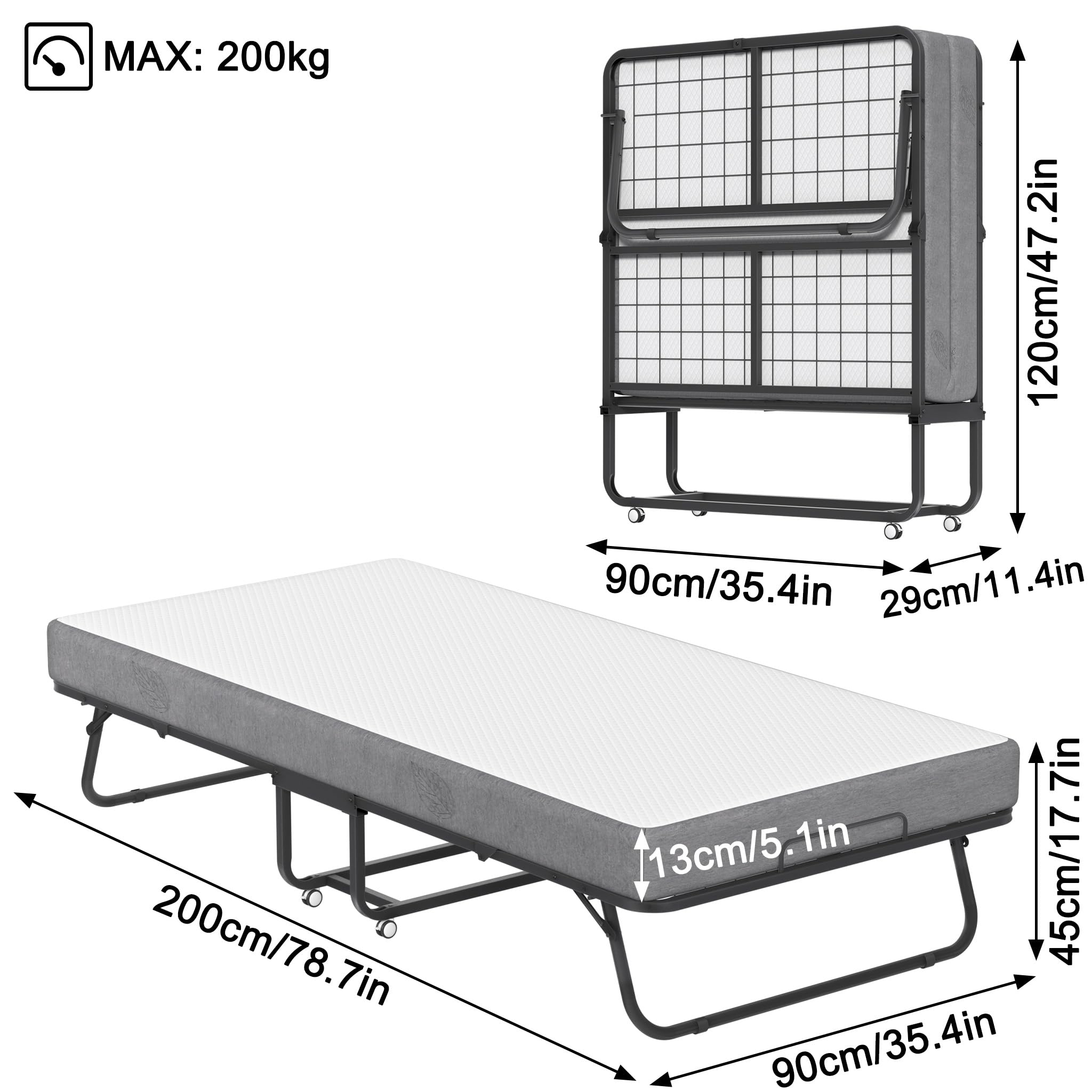 UISEBRT Letto pieghevole 90 x 200 cm – Letto per gli ospiti pieghevole per adulti con materasso in memory foam spesso 13 cm, robusto telaio pieghevole in metallo, letto pieghevole con ruote, capacità