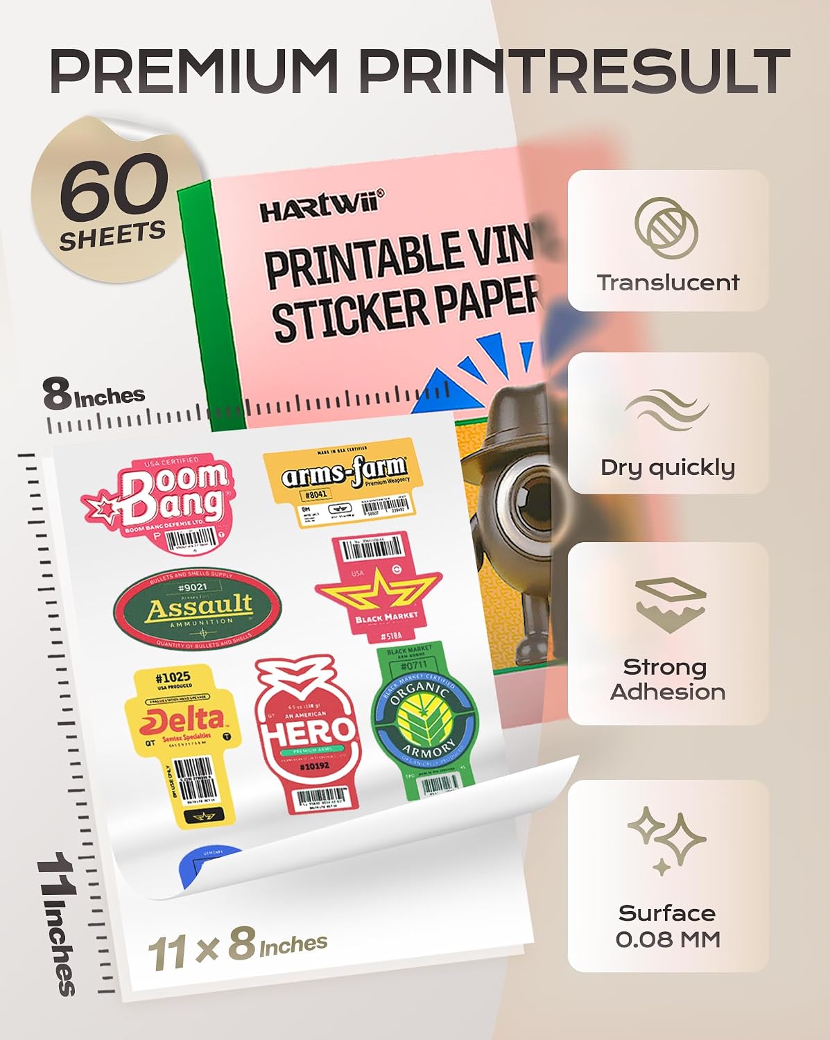 100% Clear Vinyl Sticker Paper 60 Pack, 8.5x11 Inches Transparent Printable Sticker Sheets for Inkjet Printer, Quick Drying, Vivid Colors, Tear Resistant – Ideal for Crafts & Cutting Machines