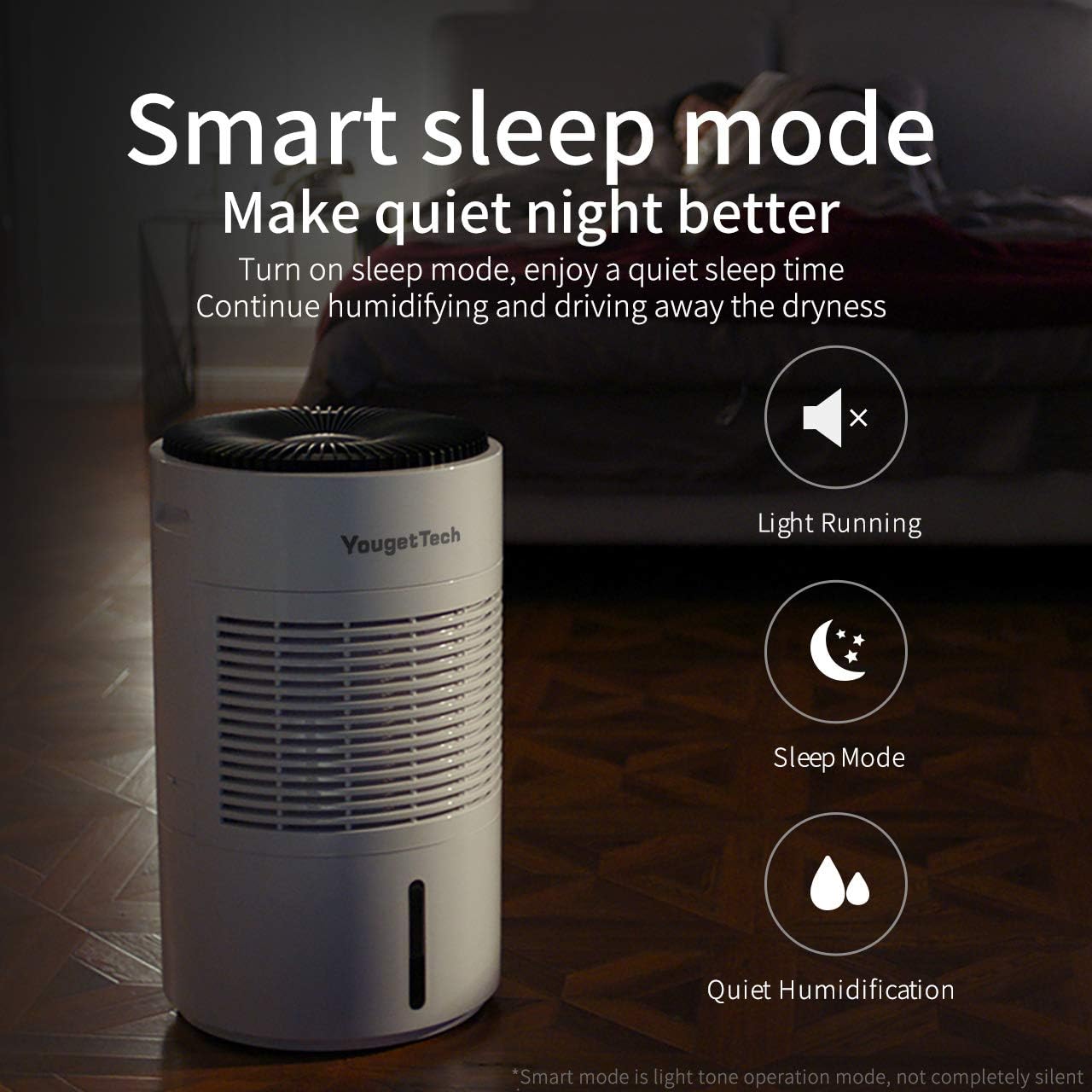 Humidifier operating in a bedroom with icons for light running, sleep mode, and quiet humidification