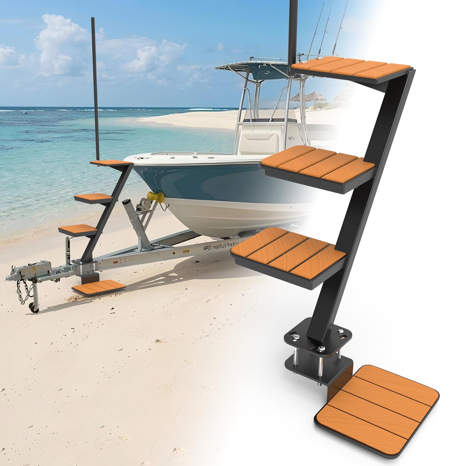 View 1 of [See live photos] Kaowuzz 4-Step Boat Trailer Steps with Handrail