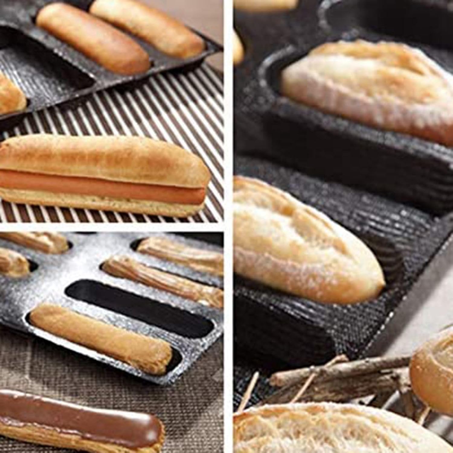 4X 12 Holes Pan-Non-Stick Perforated French Bread Pan Forms,Hot Dog Molds, Baking Liners Mat Bread Mould