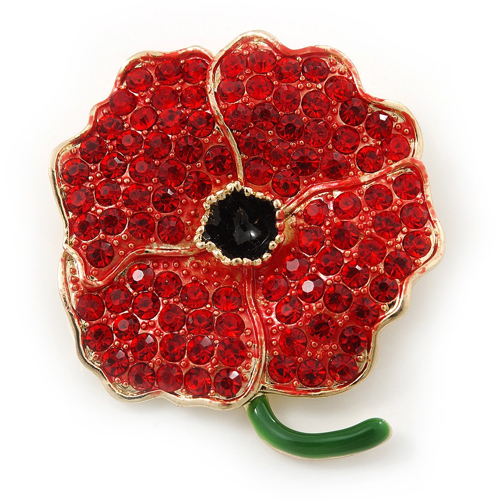 AvalayaRed Austrian Crystal Poppy Flower Brooch In Gold Plating - 40mm Length
