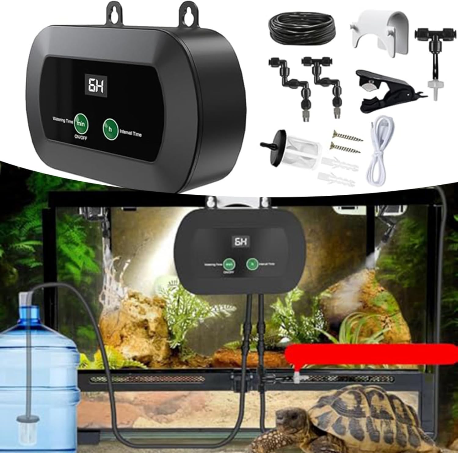 Automatic Humidifier with Timer, 360° Adjustable Nozzles for Reptiles, Greenhouses and Vivariums for Lizard, Turtle, Frog