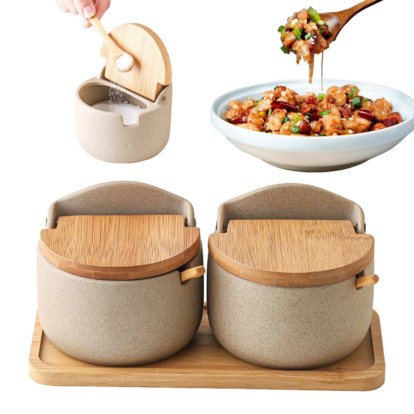 Cellar di Sal - Juego de tarros de cerámica de 22,8 x 10,8 cm, recipiente para tapa de madera, organizador de despensa | Cocina de doble compartimento con cuchara incluida, tarros de especias para