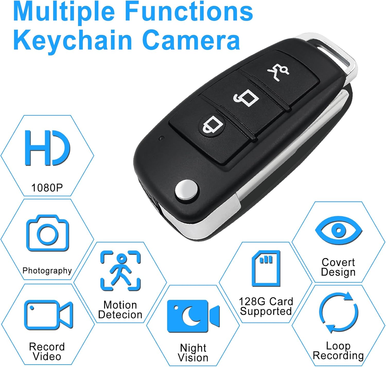 UYIKOO CK820 Mini Hidden Spy Camera Car Key with icons for its features: 1080P HD, Photography, Record Video, Motion Detection, Night Vision, 128G Card Supported, Covert Design, Loop Recording.