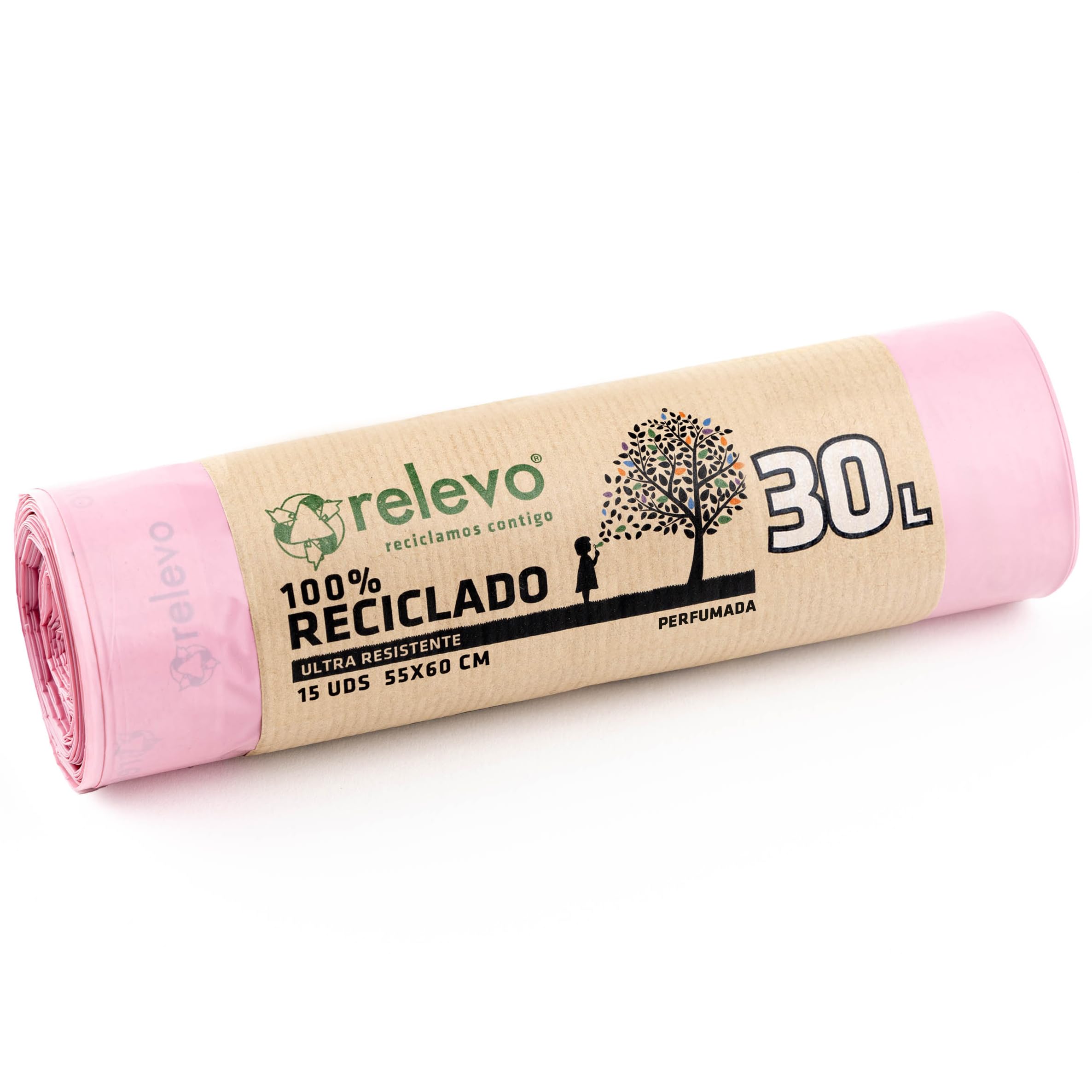Relevo 30 Litre Scented Bin Liners – Pink Bin Bags. Made from 100% Recycled Material. Dimensions: 55 cm x 60 cm. Includes 15 units.