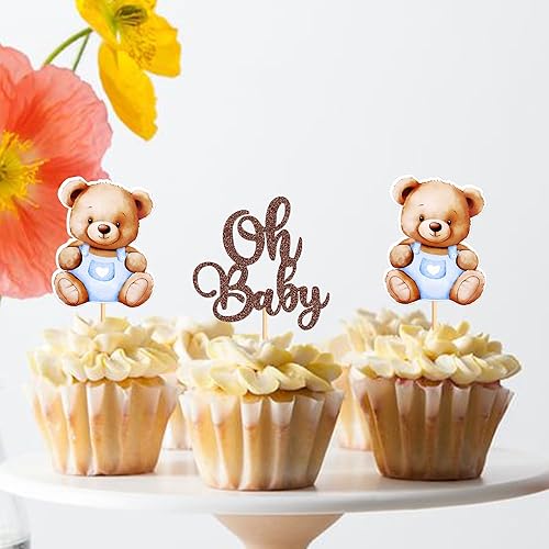 Miniatura 5 de Ercadio Paquete de 24 adornos para cupcakes Bear Oh Baby Bear Oh Baby para cupcakes de oso azul para decoración de pasteles con temática de oso para