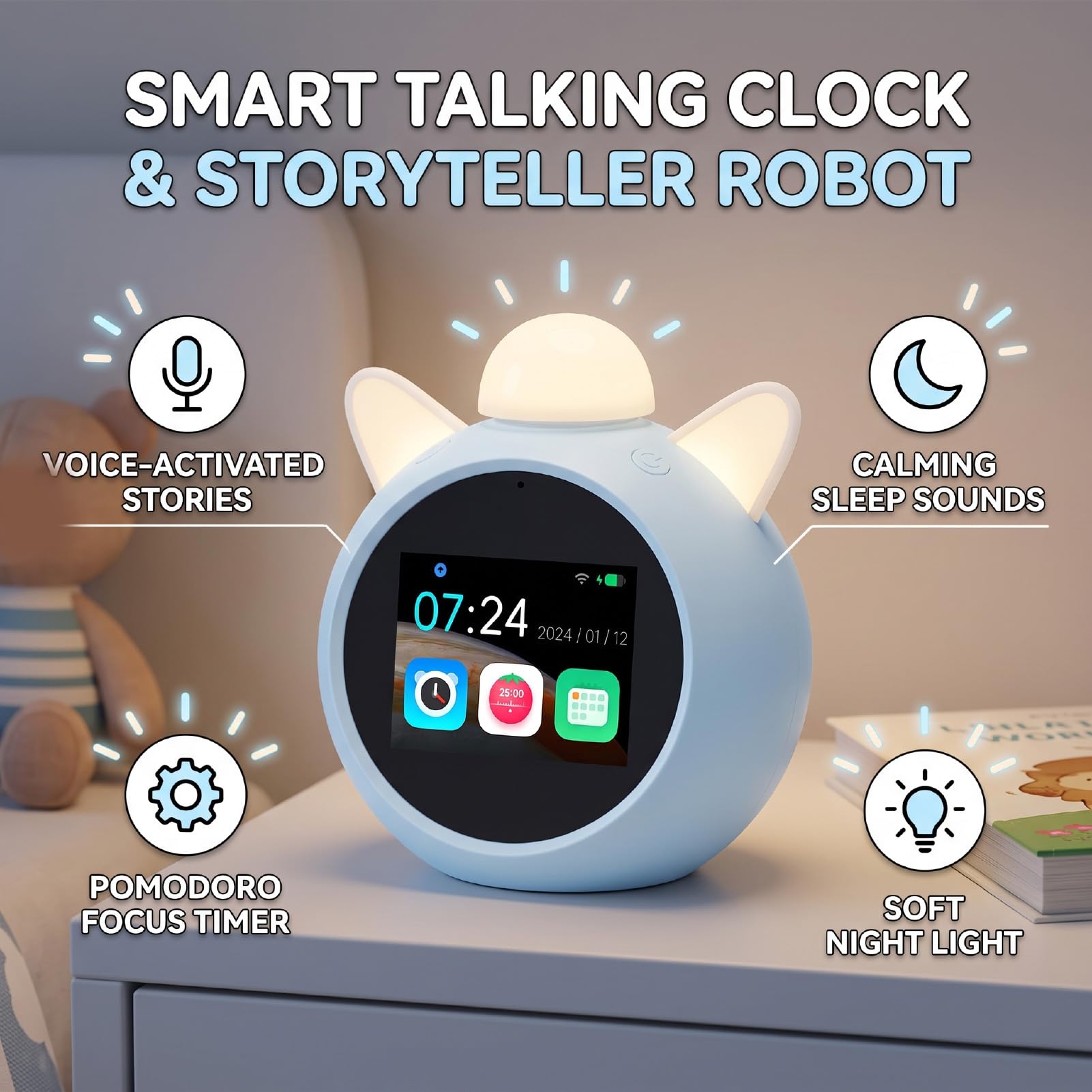 Sxhlseller Sveglia Intelligente Schermo HD 2,8 Pollici, Orologio Digitale a Batteria Ricaricabile 1500mAh con Cavo di Ricarica e Manuale per Comodino