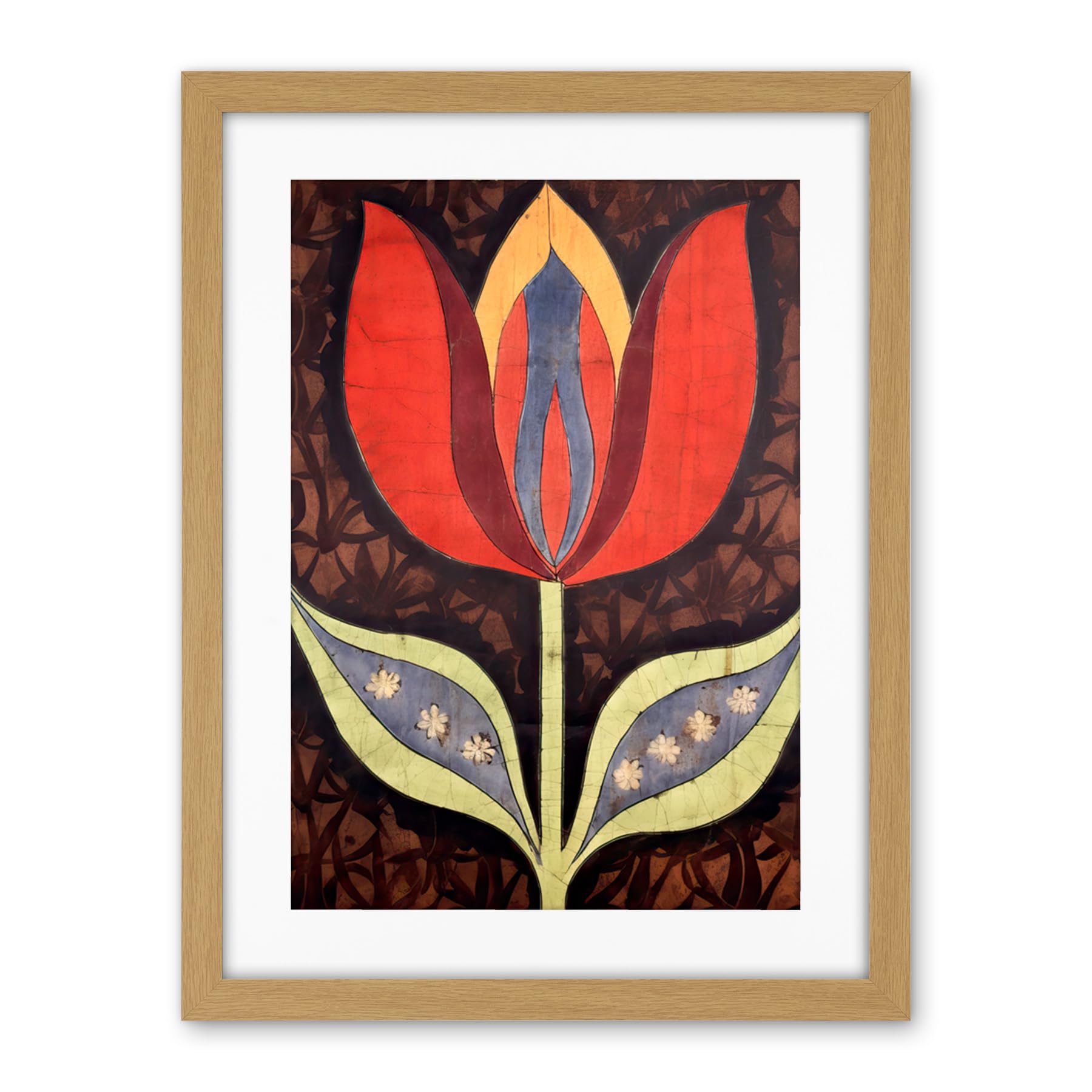 Artery8 A Single Tulip Flower Batik Style Pattern Folk Art Artwork Framed Wall Art Print 18X24 Inch