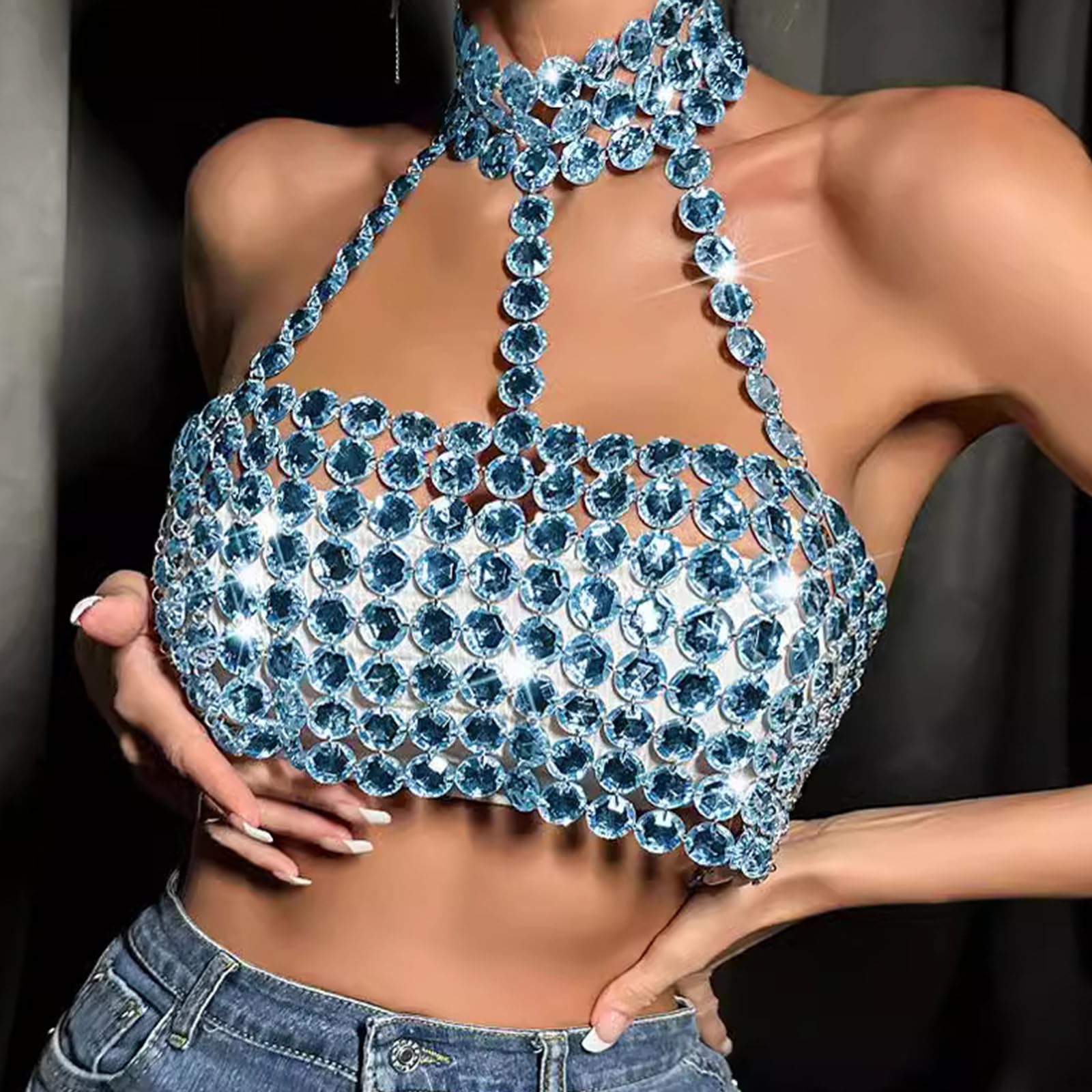 Reggiseno da donna con allacciatura al collo e schiena scoperta, gioiello con strass cavi, top crop top per feste e discoteche, con strass di cristallo, allacciatura al collo